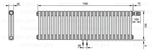 Схема (чертеж) Радиатор Zehnder Charleston 2050/26 №V008 Белый глянцевый RAL 9016
